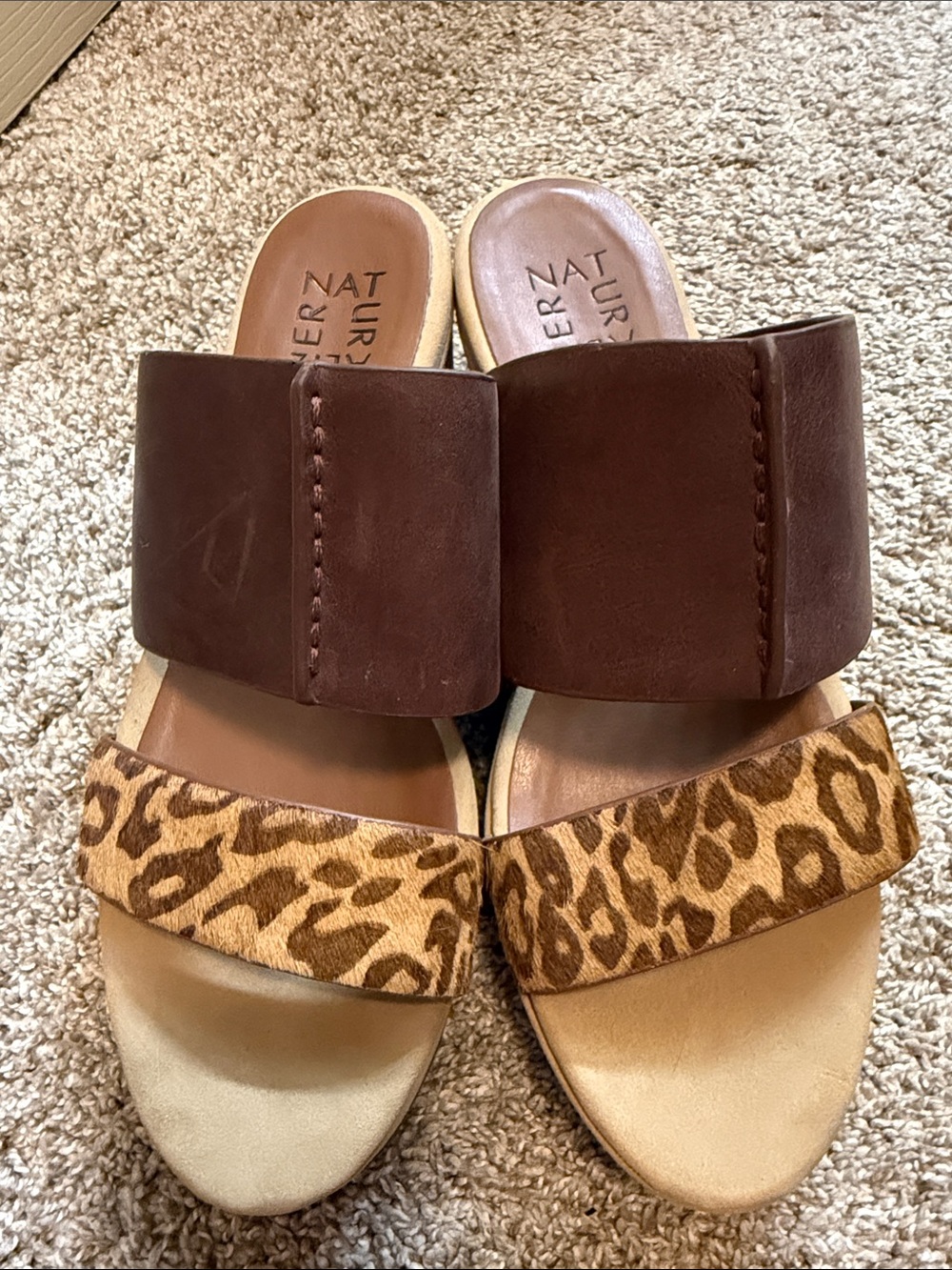 Naturalizer Brown Slide Sandals with Leopard-Print Strap